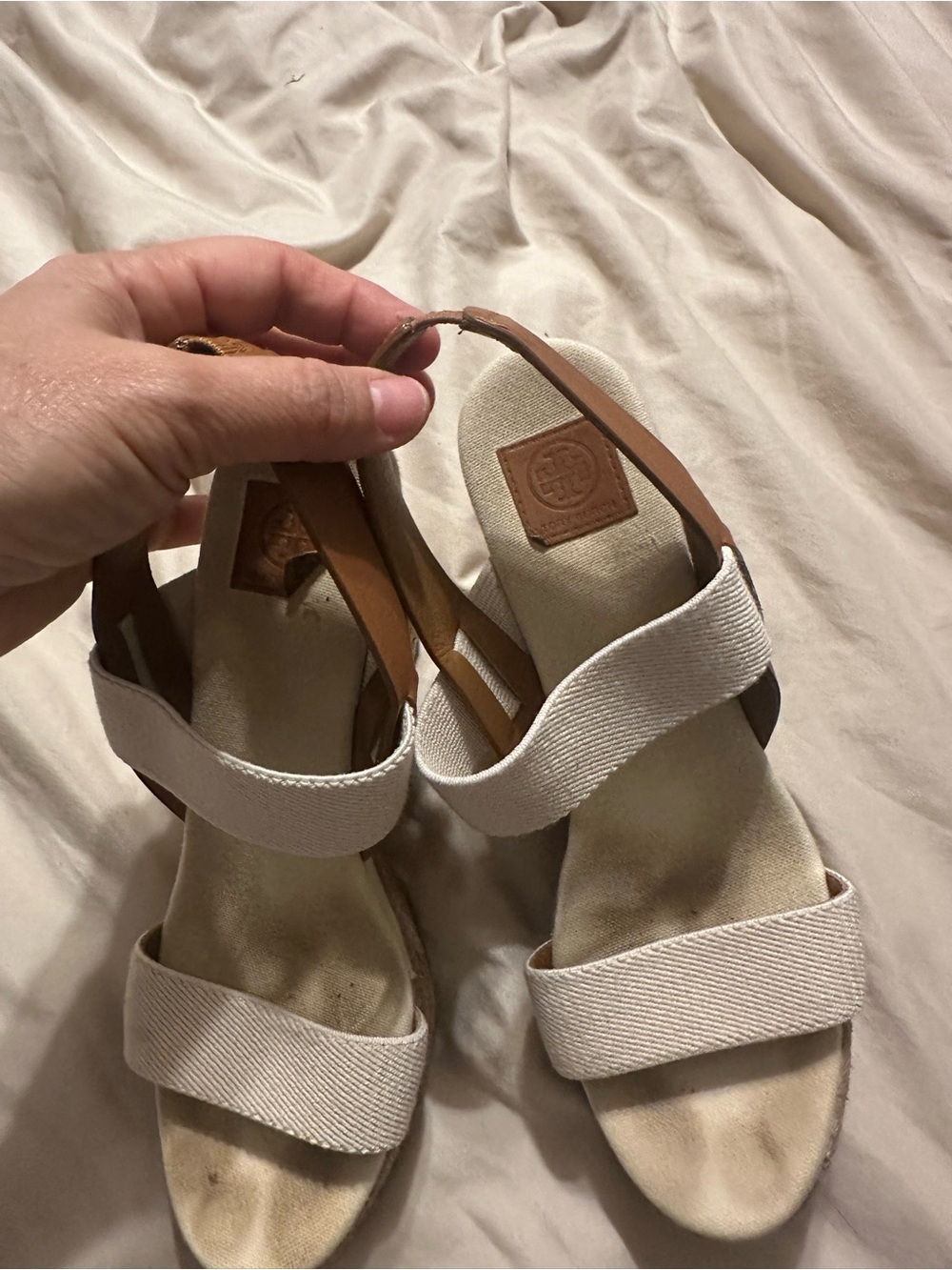 Tory Burch Cream White Wedge Sandals with Tan Leather Straps